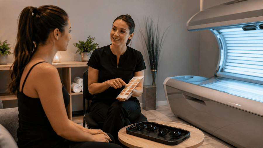 vrouw die onder zonnebank gaat bij een zonnestudio