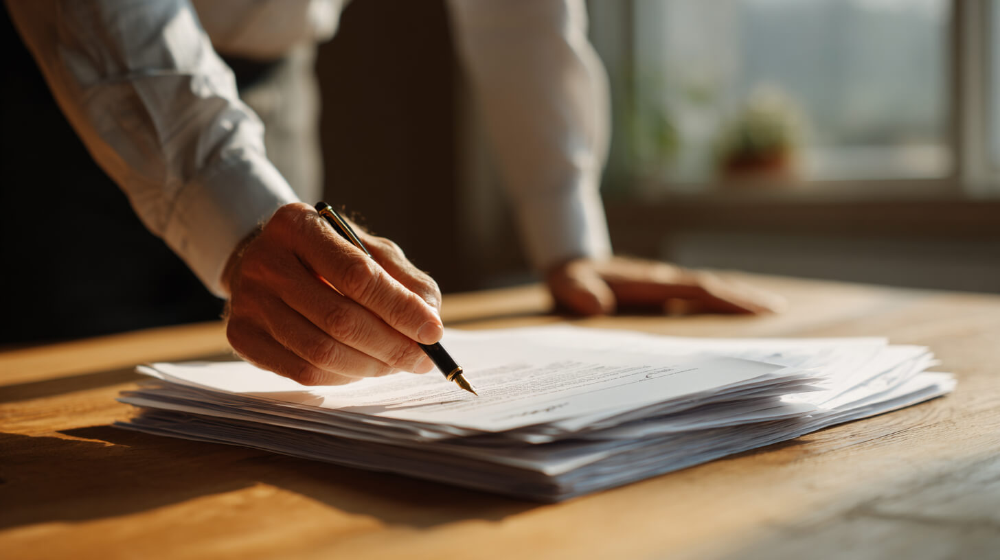 Close-up van een hand die met een vulpen een handtekening zet op een stapel contractdocumenten op een houten bureau