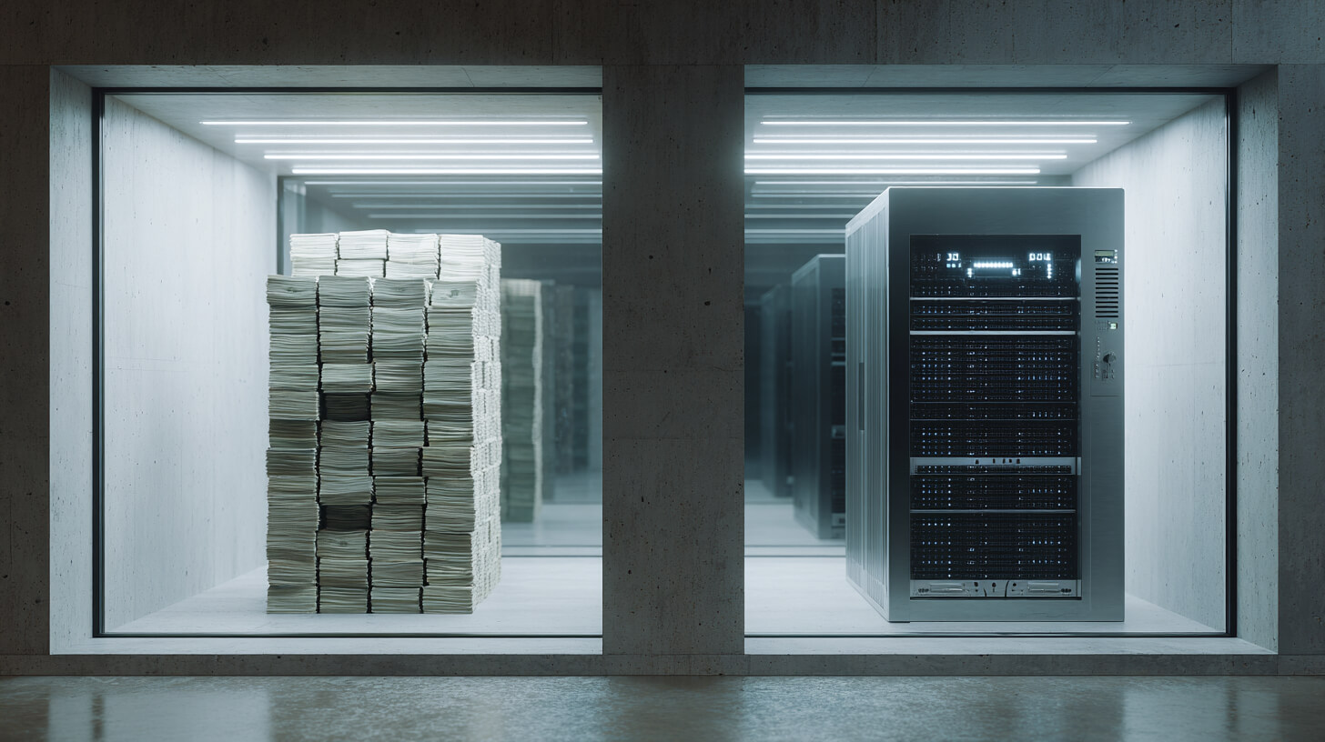 Twee verlichte kluisruimtes naast elkaar, één gevuld met stapels bankbiljetten en één met een beveiligde serverkast, als beeld van financiële en digitale escrow-bewaring