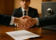 Twee zakenpartners schudden handen bij betekenis escrow overeenkomst ondertekening