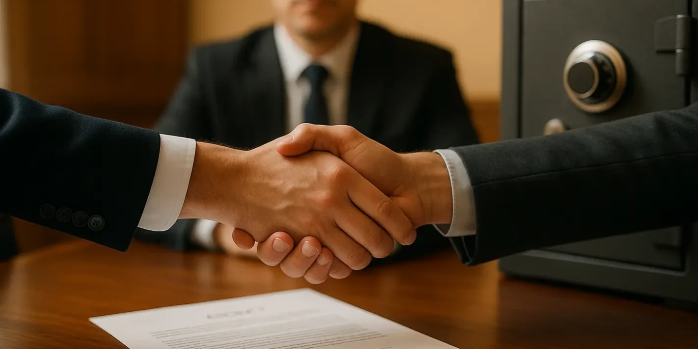 De betekenis van escrow Twee zakenpartners schudden handen bij betekenis escrow overeenkomst ondertekening