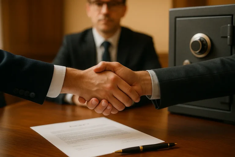 Twee zakenpartners schudden handen bij betekenis escrow overeenkomst ondertekening