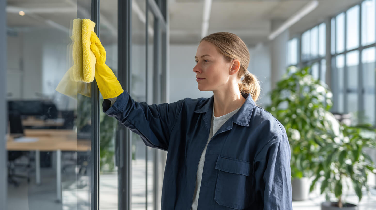 Schoonmaakmedewerkster met gele handschoen reinigt een glazen kantoorwand met een microvezeldoek in een lichte kantooromgeving