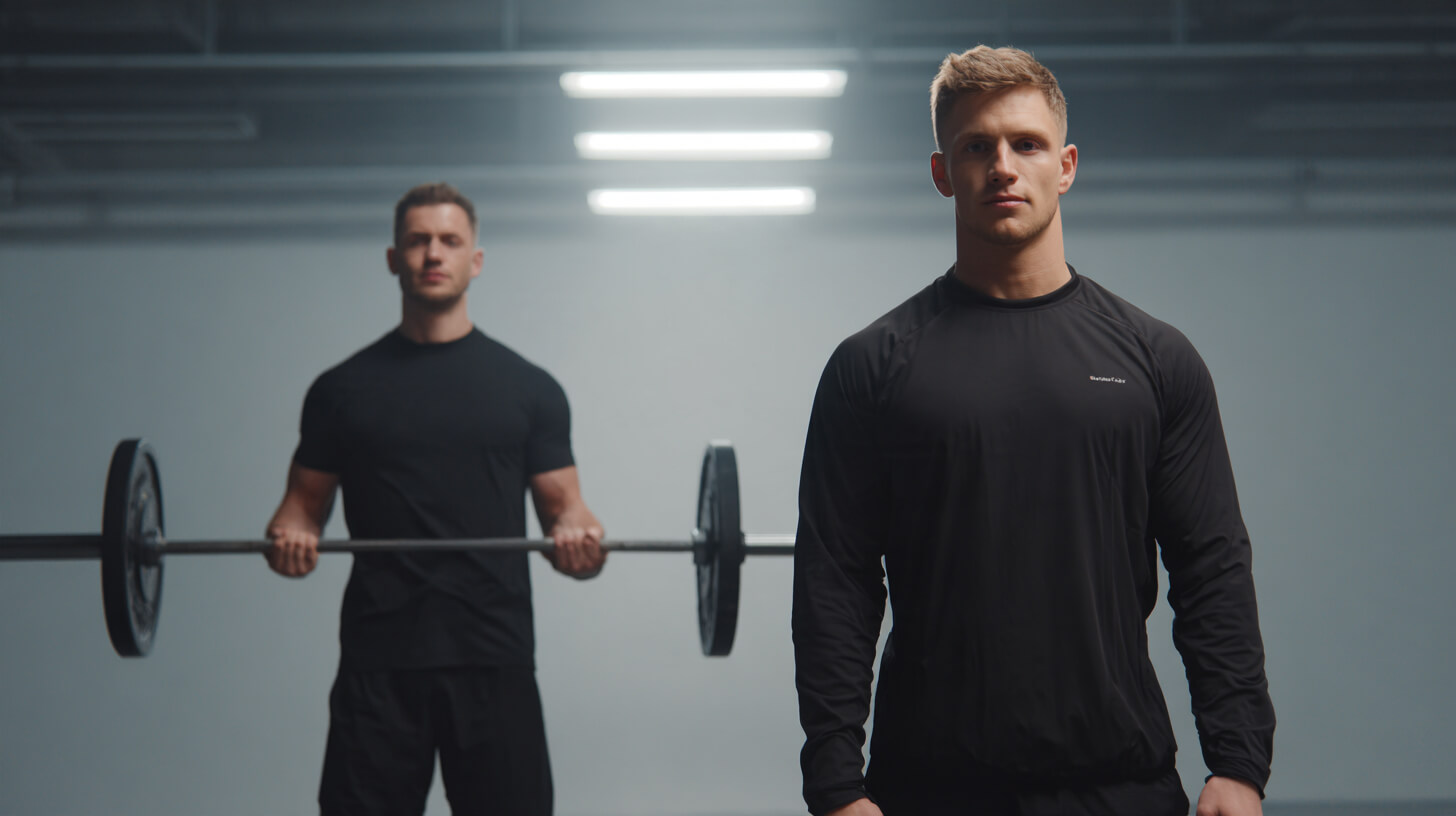 Twee mannen in sportkleding in een sportschool, waarvan één op de voorgrond staat en de ander op de achtergrond een halterstang met gewichten optilt