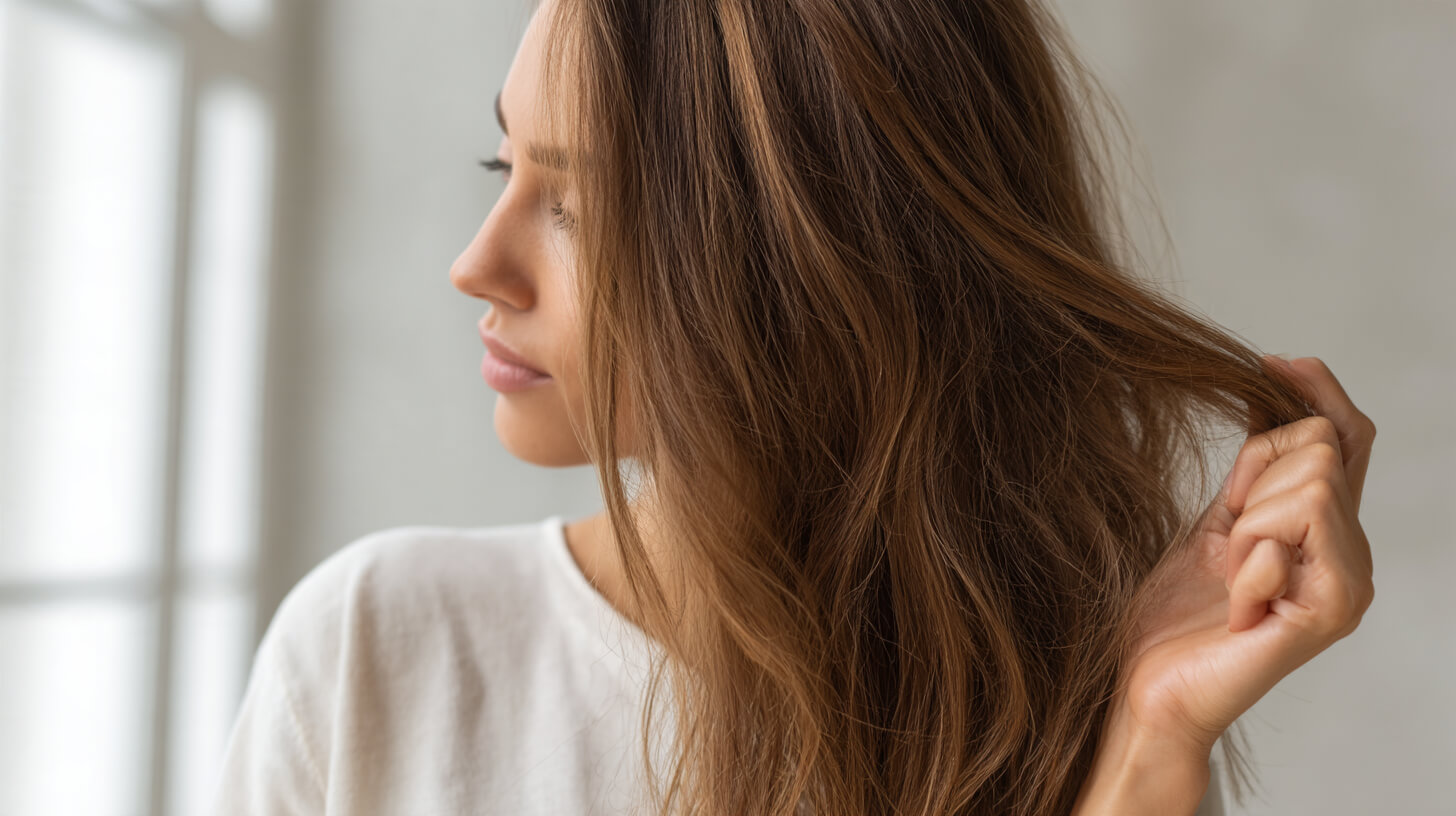 Vrouw met lang golvend haar die een lok vasthoudt om de haarstructuur en glans te bekijken