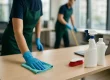 Contractreiniging professioneel team wist bureau met microfiber doek