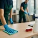 Contractreiniging professioneel team wist bureau met microfiber doek