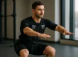 Fit persoon in zwart EMS-pak tijdens squat toont EMS training betekenis