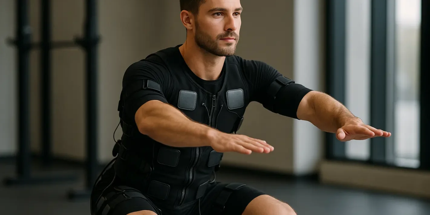 Fit persoon in zwart EMS-pak tijdens squat toont EMS training betekenis