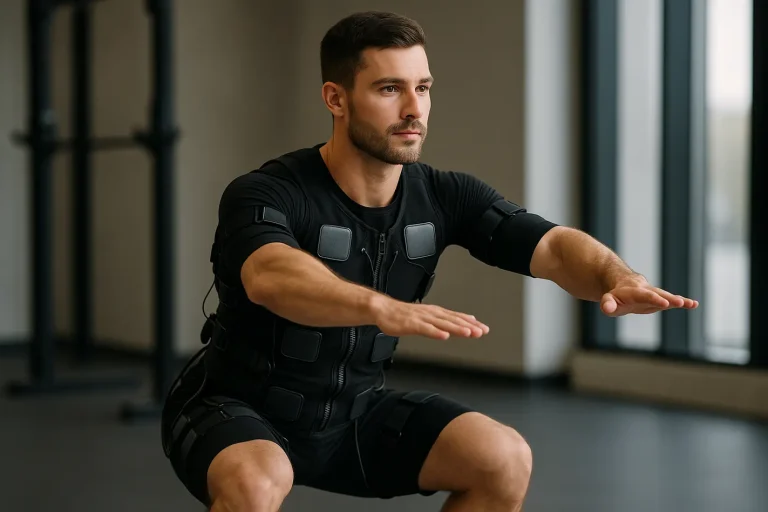 Fit persoon in zwart EMS-pak tijdens squat toont EMS training betekenis