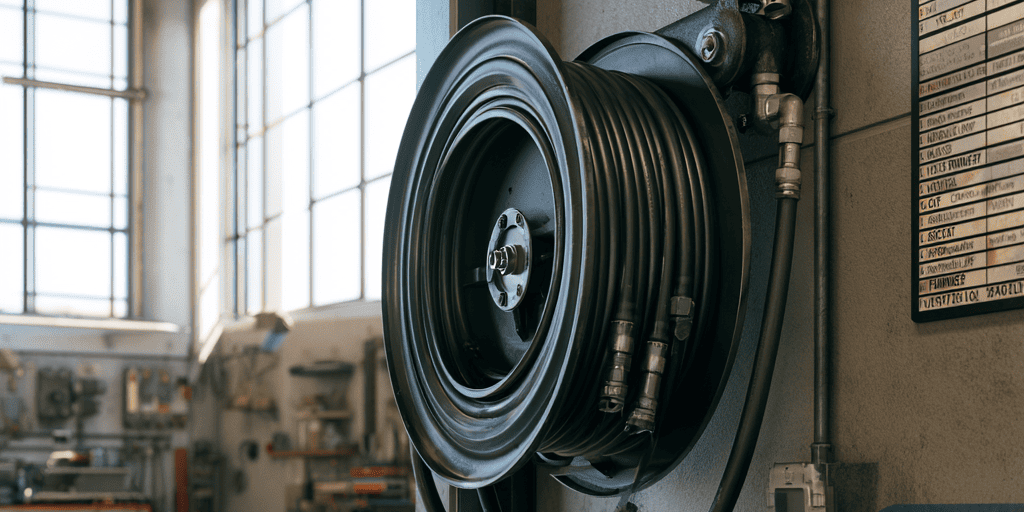 hydrauliek haspel hydrauliek haspel gemonteerd aan de wand in werkplaats
