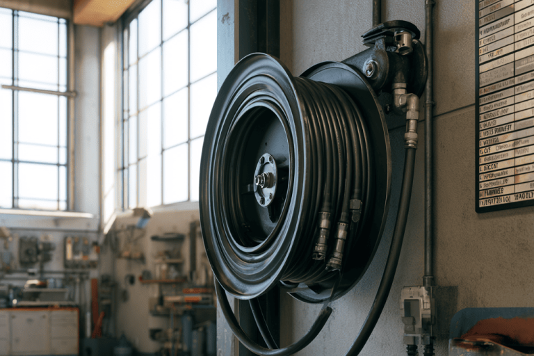 hydrauliek haspel gemonteerd aan de wand in werkplaats