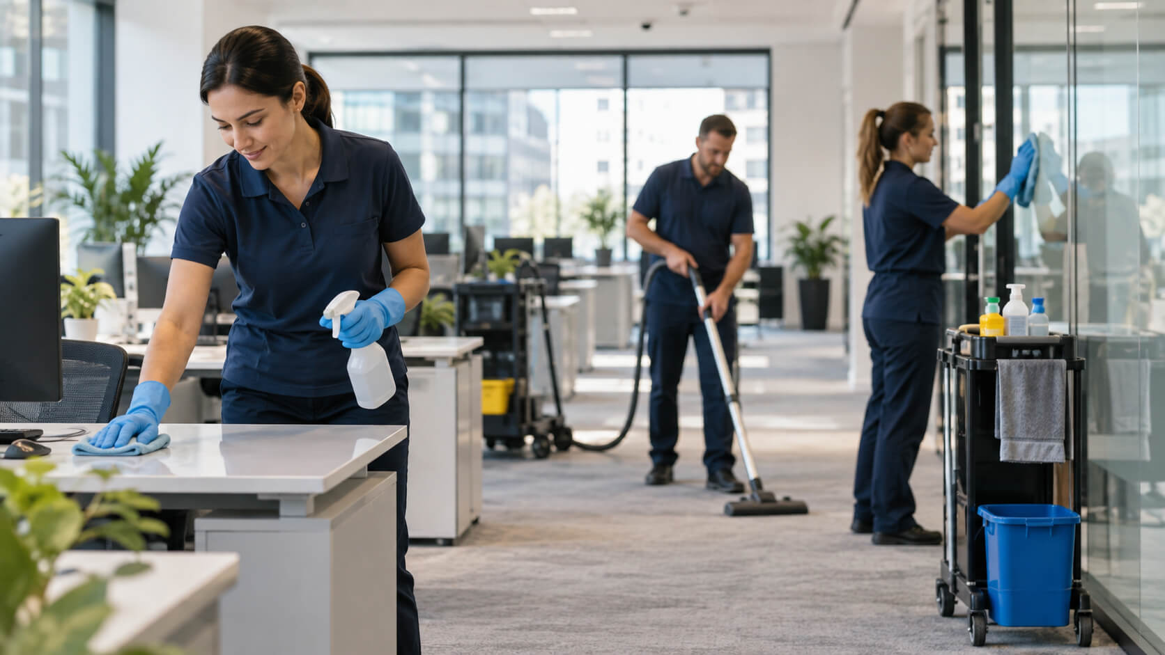 Schoonmaakteam in actie op kantoor, met bureaureiniging, stofzuigen en het afnemen van een glazen wand tijdens een gestructureerde schoonmaakronde