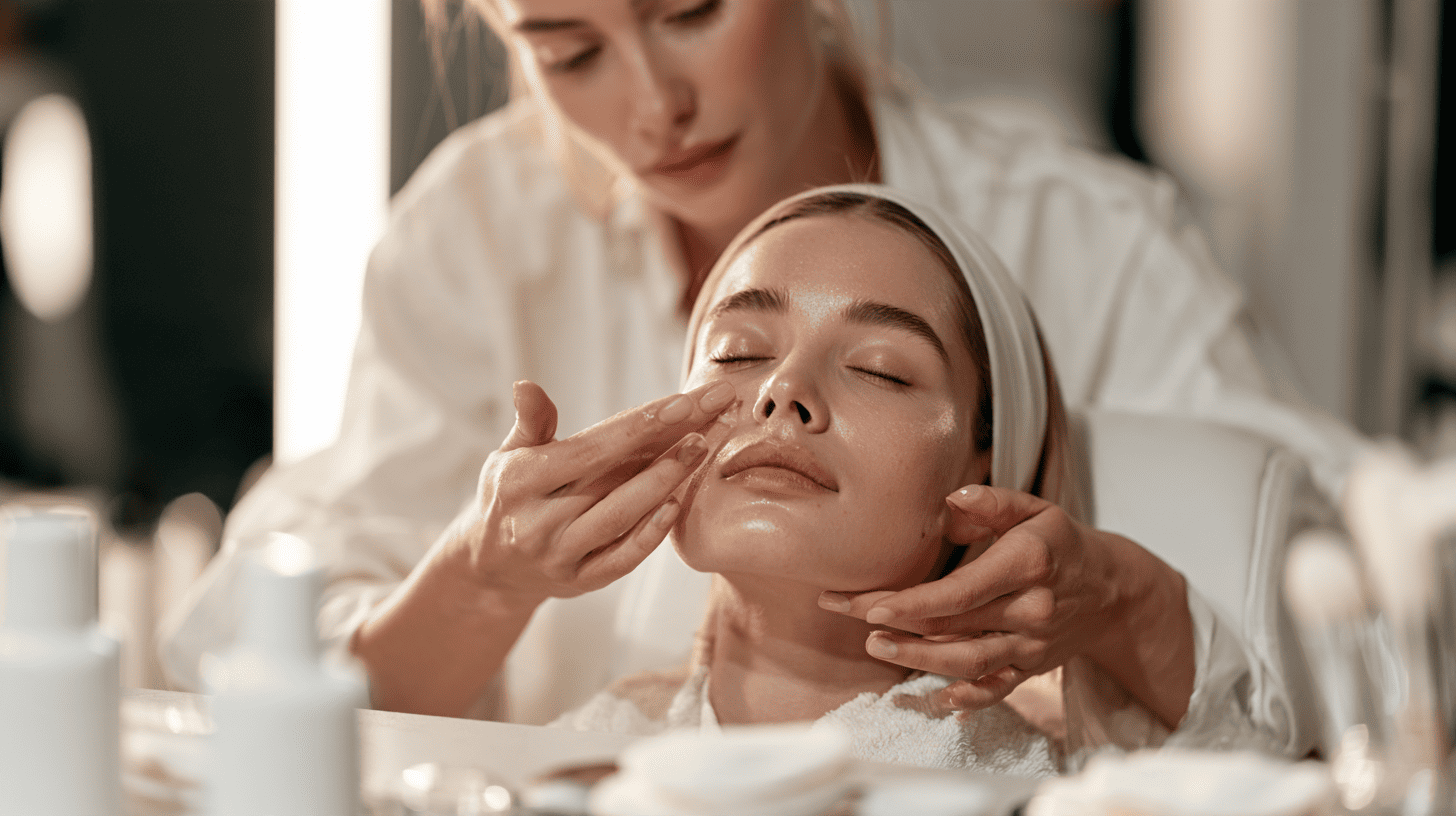 Visagist bereidt de huid van een klant voor met verzorging voordat de make-up wordt aangebracht