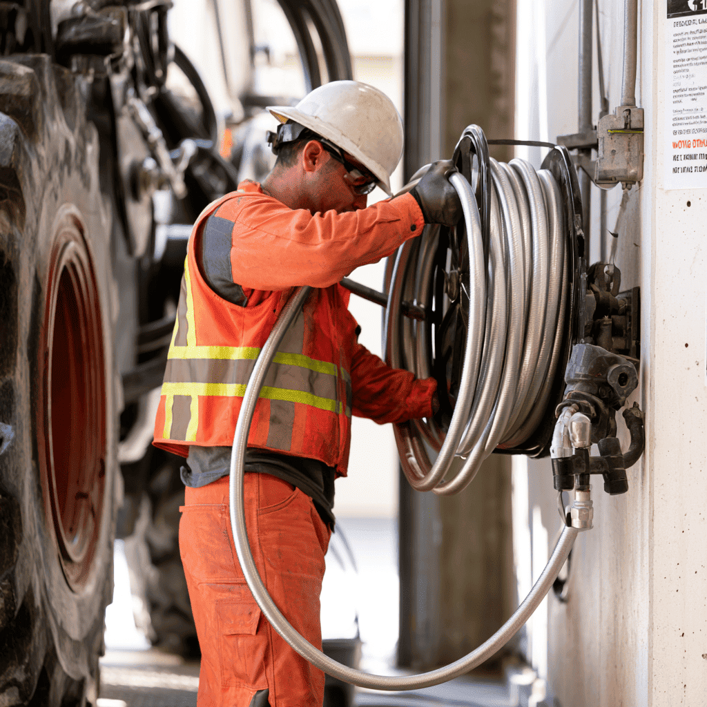 medewerker rolt hydrauliekslang af van hydrauliek haspel