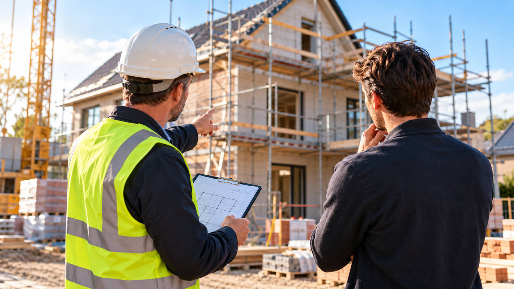 Man met bouwhelm en hesje wijst met een plattegrond naar een woning in aanbouw, terwijl een tweede man meekijkt
