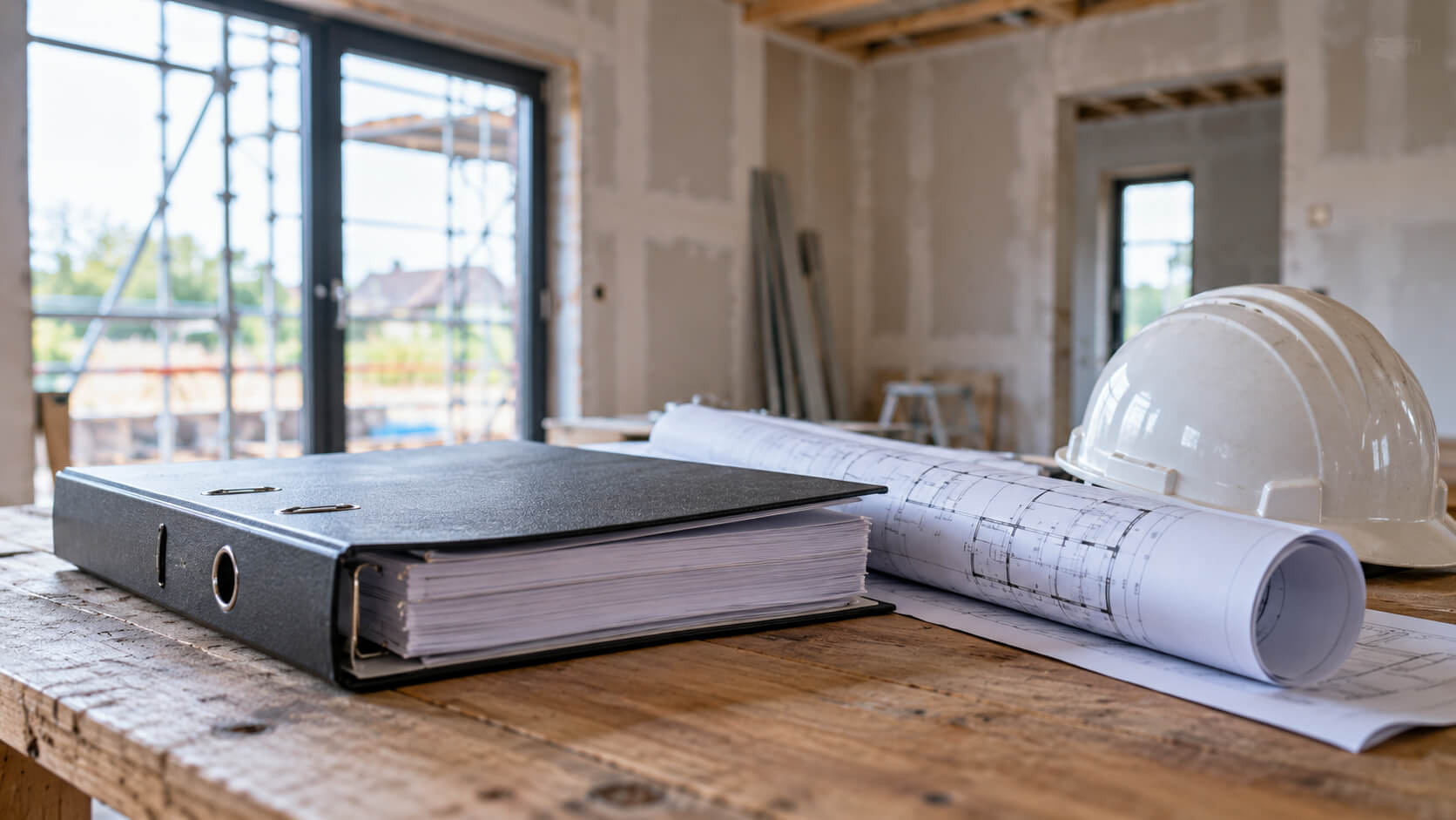 Zwarte ordner met documenten, opgerolde bouwtekeningen en een witte bouwhelm op een houten tafel in een onafgewerkte woning