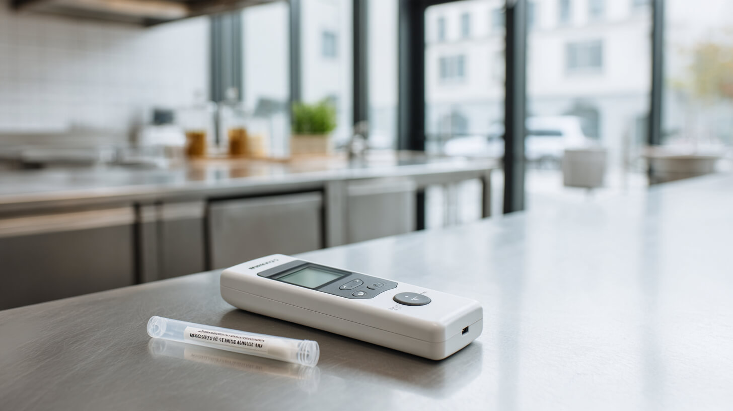 Compact meetapparaat voor hygiënecontrole en een swabbuisje op een roestvrijstalen werkblad in een lichte professionele keuken