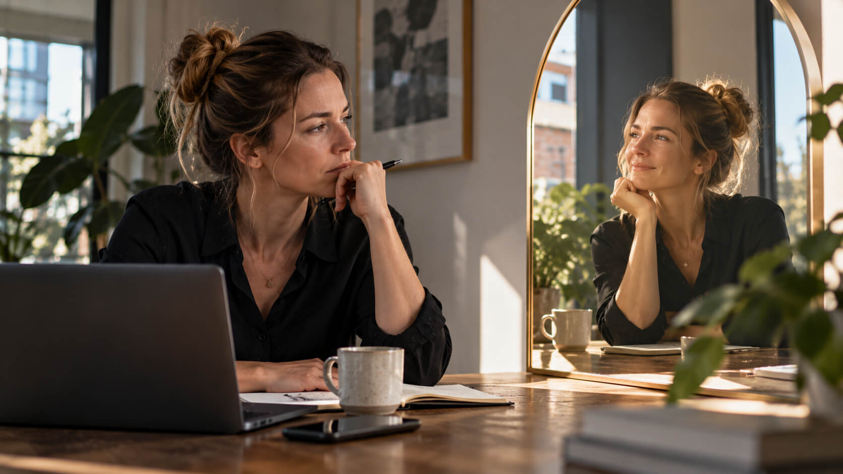 Peinzende vrouw aan een tafel met laptop en notitieboek, terwijl haar spiegelbeeld in de spiegel tevreden glimlacht