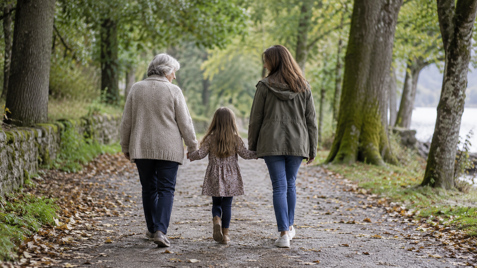 Drie generaties vrouwen lopen hand in hand over een bospad met herfstbladeren, gezien van achteren