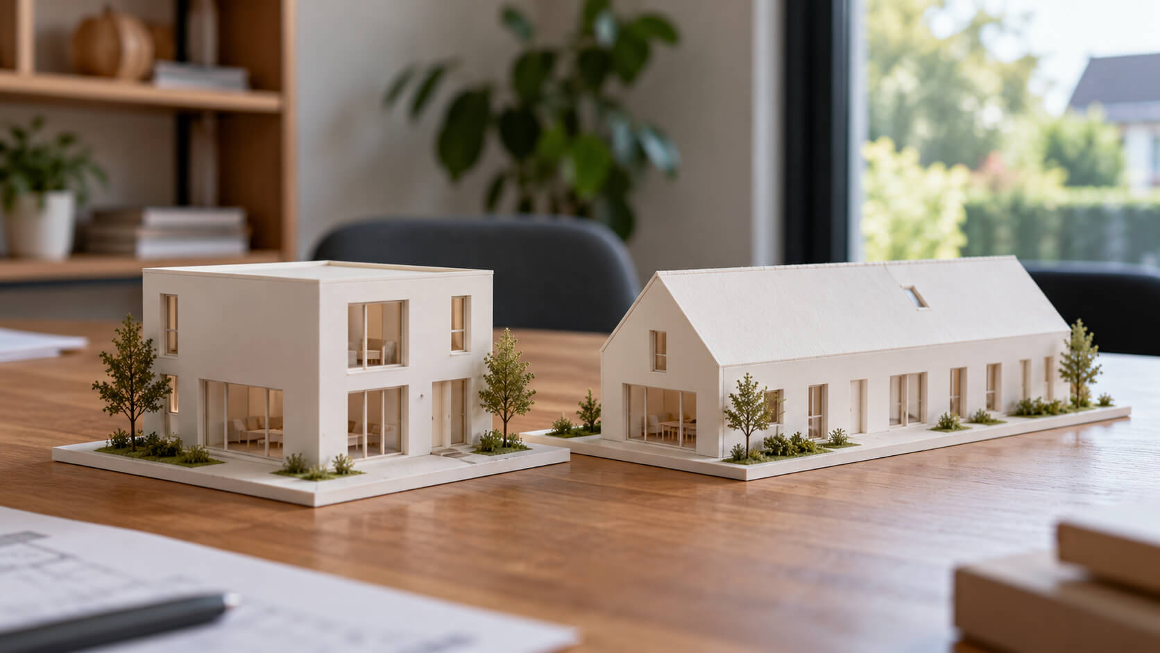 Maquettes van een compact kubusvormig huis en een langgerekt huis met zadeldak naast elkaar op een houten tafel