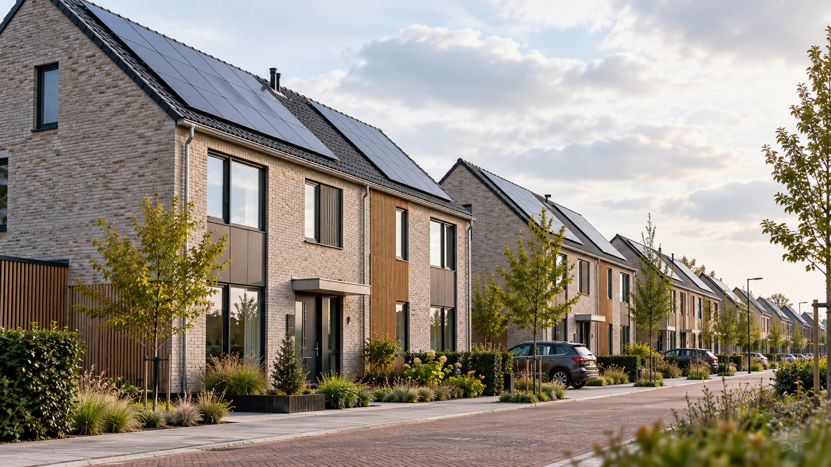 Rij energiezuinige nieuwbouwwoningen met zonnepanelen op het dak langs een straat met jonge bomen en klinkers