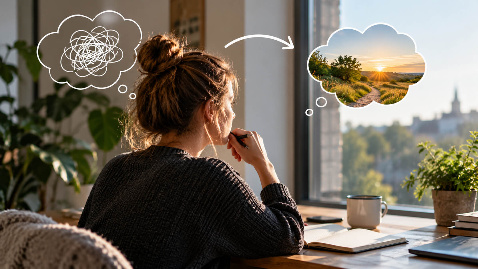 Vrouw van achteren bij het raam wisselt een warrige gedachte voor een rustig beeld van een zonnig pad door het landschap