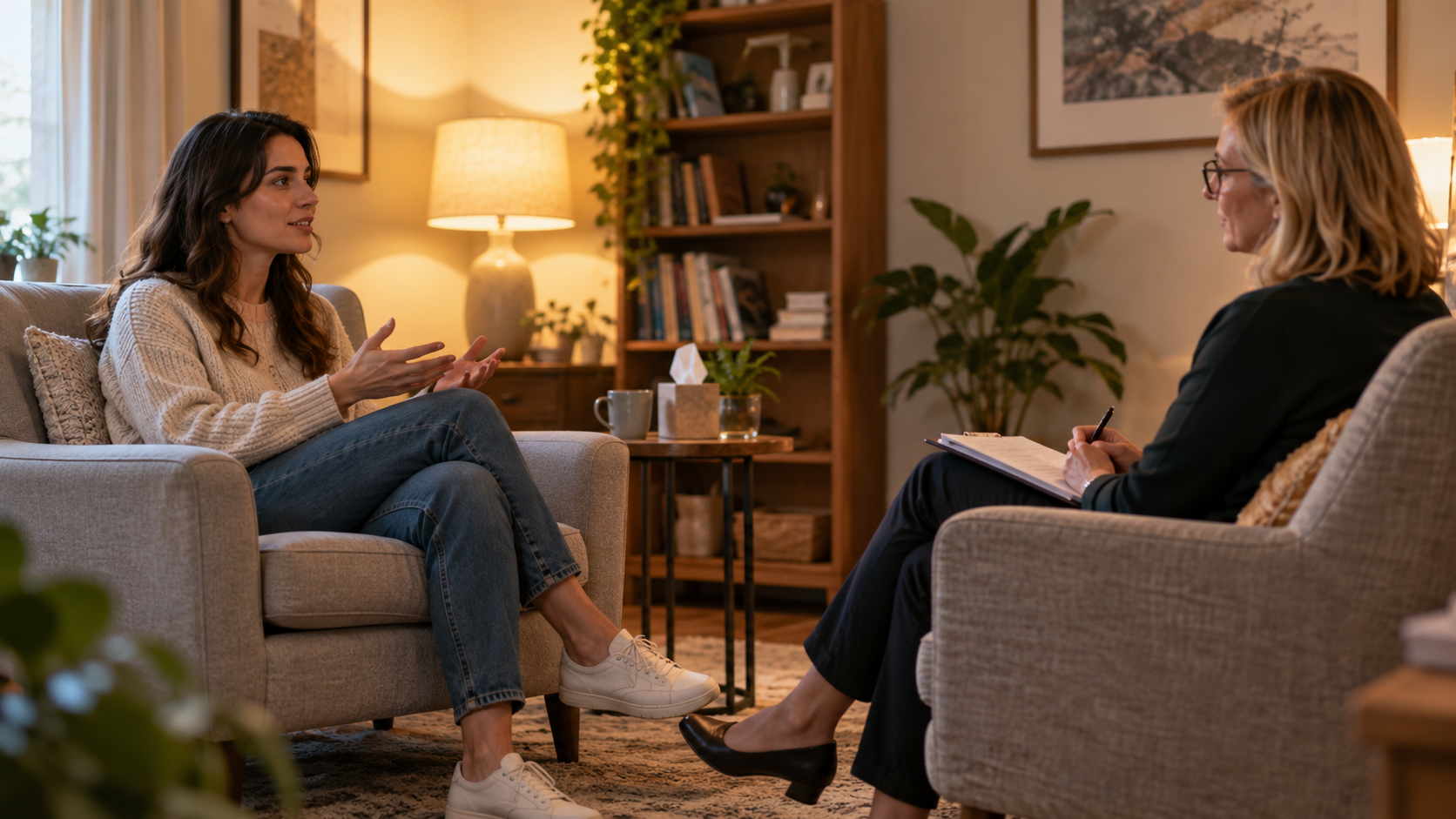 Vrouw in gesprek met een therapeut in een warm verlichte praktijkkamer met fauteuils, planten en een boekenkast