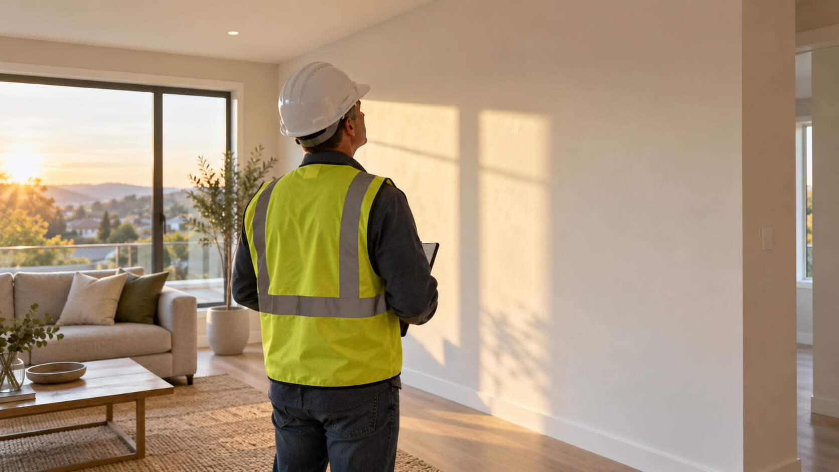 Inspecteur in veiligheidshesje en witte helm kijkt in een net opgeleverde woonkamer naar een wand bij zonsondergang