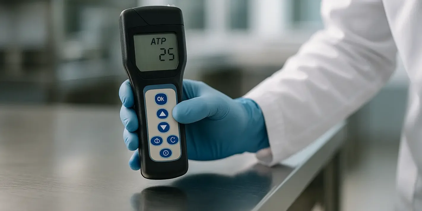 Deskundige voert ATP-meting schoonmaak uit met luminometer op werkblad