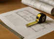 Bestek bouw blueprints met meetlint en architectuurplannen op houten bureau
