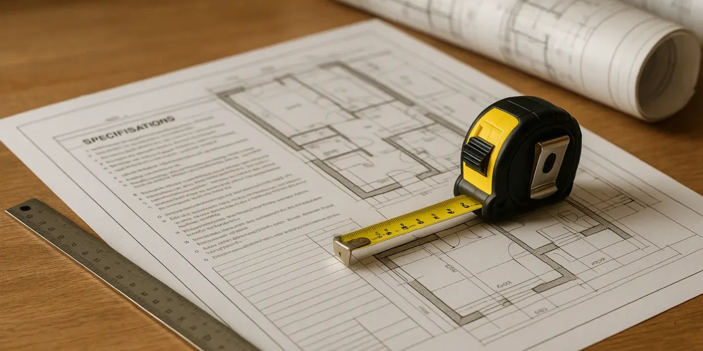 Bestek bouw blueprints met meetlint en architectuurplannen op houten bureau