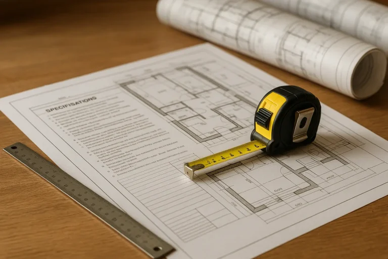 Bestek bouw blueprints met meetlint en architectuurplannen op houten bureau