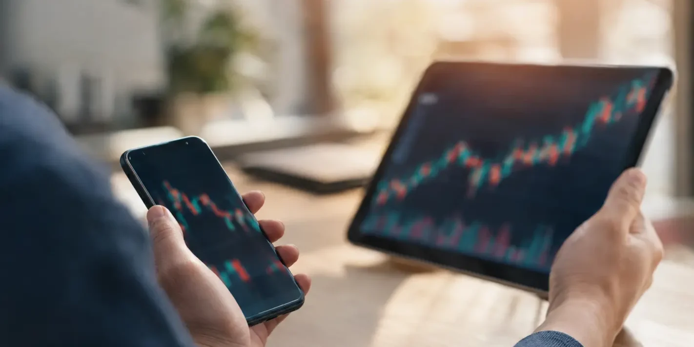 Handen met smartphone en tablet tonen spread aandelen