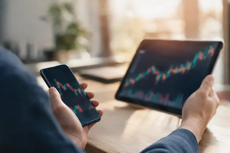 Handen met smartphone en tablet tonen spread aandelen