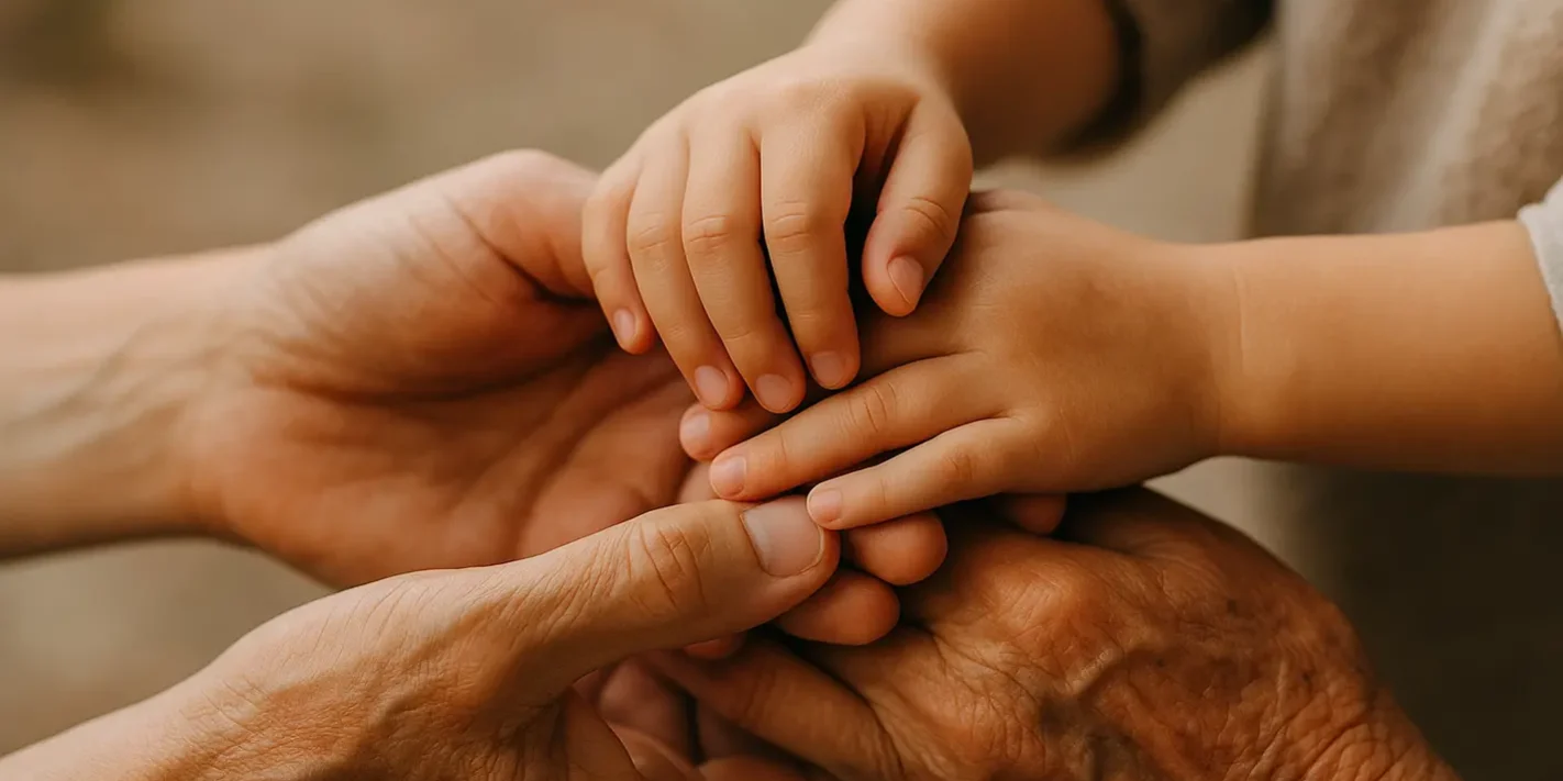 Drie generaties handen ineen, transgenerationeel trauma genezend