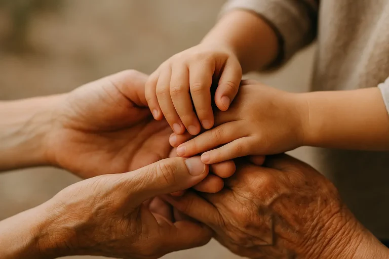 Drie generaties handen ineen, transgenerationeel trauma genezend